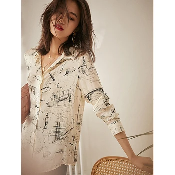 Matase Bluza Tricou Femei Imprimat Guler de Turn-down Mâneci Lungi Design Simplu Top Casual Vintage Stil de Moda Noua