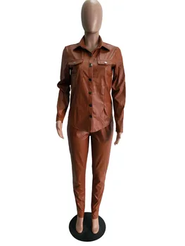Adogirl Plus Dimensiune S-3XL Femei Solide din Piele PU de Două Bucata Set Camasa cu Maneca Lunga Top Creion Pantaloni de Moda Casual, Costumul de Haine