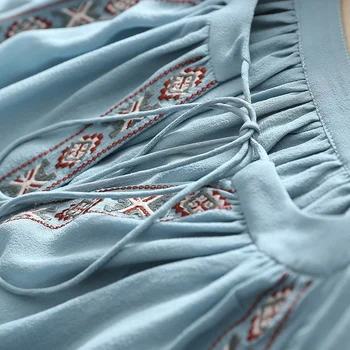Matase Bluza Femei Vintage Brodata Cravată V Gât Felinar maneca Pulover de 2 Culori Elegante Casual de Top de Moda Noua