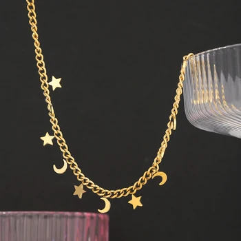 Yhpup Modă Stele Luna Lanț Cravată Colier pentru Femei din Oțel Inoxidabil Moda Colier Culoare Aur Bijuterii din Metal Accesorii Noi