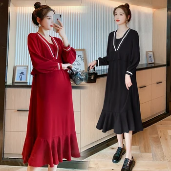 7023# Toamna Moda coreeană Maternitate Lung Rochie de Petrecere Eleganta Slim Haine Largi pentru Femeile Gravide Legături Talie Primăvară Sarcinii