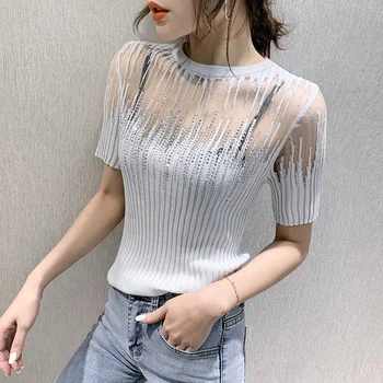 2021 femei Vara Haine coreene Tricot bluza Sexy Diamante Transparente Femei Topuri Ropa Mujer Tricou Maneca Scurta tricou Elastic