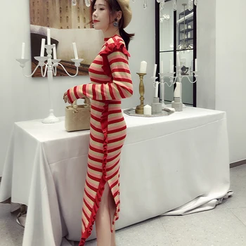 2018 Doamnelor Contrast De Culoare Cu Dungi Pulover Dresss Maneca Lunga Stand Gât Laterală Fantă Tricot Creion Rochie Midi Femei Elegante Vestidos