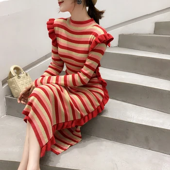 2018 Doamnelor Contrast De Culoare Cu Dungi Pulover Dresss Maneca Lunga Stand Gât Laterală Fantă Tricot Creion Rochie Midi Femei Elegante Vestidos