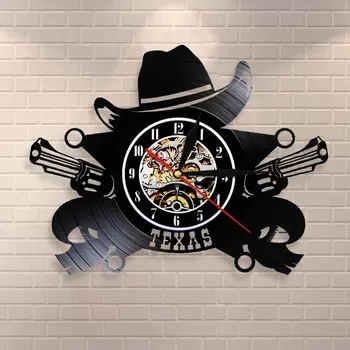 Texas Cowboy Ceas de Perete de Vest Pălărie de Cowboy statele UNITE ale americii Skyline Simbol disc de Vinil de Perete Ceas de Perete 3D Ceasuri Design Modern Decor de Perete