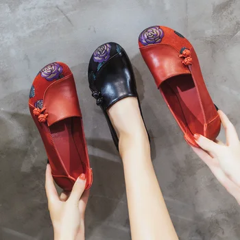 GKTINOO Primavara Toamna Stil Național Femei Pompe de Imprimare de Flori Rotund Toe din Piele Femei Gros Pantofi cu Toc Mare, Dimensiuni 41