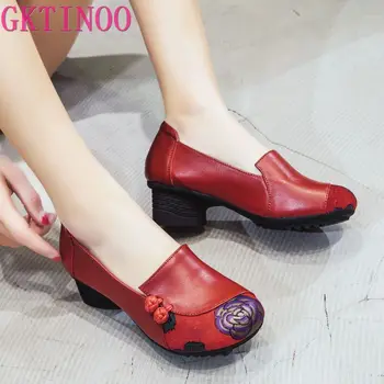 GKTINOO Primavara Toamna Stil Național Femei Pompe de Imprimare de Flori Rotund Toe din Piele Femei Gros Pantofi cu Toc Mare, Dimensiuni 41