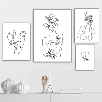Floare Fată Linie De Artă Poster Femeie Nud Corpul Abstract Panza Pictura De Mână De Imprimare Față Nordic Poster De Perete Poze Decor Dormitor