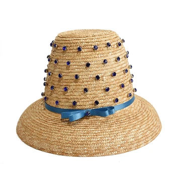 Diamant decorative paie capace noi retro multicolor panglică high top pălărie de paie etapă catwalk formă concavă pălărie de paie pălărie de soare