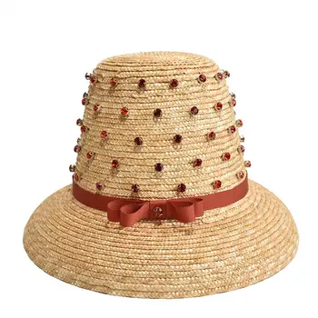 Diamant decorative paie capace noi retro multicolor panglică high top pălărie de paie etapă catwalk formă concavă pălărie de paie pălărie de soare