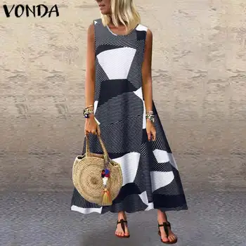 VONDA Plaja Sundress 2021 Femei, cu Dungi de Imprimare Mozaic Maxi Rochie Lungă, Birou Doamnelor Rochie Casual Haina Plus Dimensiune Vestido S-5XL