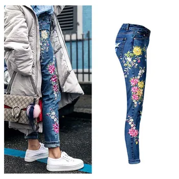 Haine noi de Moda pentru Femei Pantaloni din Denim Straight Blugi Lungi Pantaloni Flori 3D Broderie Talie Mare Doamnelor Blugi Pantaloni Legging