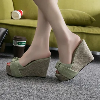 Femei Pompe Papuci de Moda Superficial Pânză Afara Pene de 10 cm Toc Afara Ladides Slide-uri de Sandale de Plaja de sex Feminin Pantofi de Partid