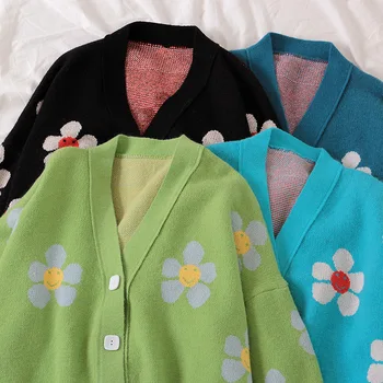 Coreeană pulover cardigan Scurt 2020 Nou Stil de Colegiu Flori Tricotaje Pierde V-gât Iarna Toamna Pulover Tricotate Cardigan pentru Femei