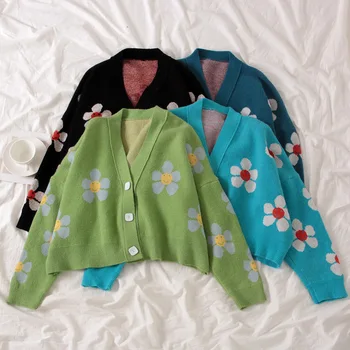 Coreeană pulover cardigan Scurt 2020 Nou Stil de Colegiu Flori Tricotaje Pierde V-gât Iarna Toamna Pulover Tricotate Cardigan pentru Femei