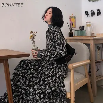 Rochie Femei Cu Maneci Lungi Florale Imprimate Plus Dimensiunea Vrac Elegant De Agrement Stil Coreean Ulzzang Vintage Retro Femeie La Modă De Zi Cu Zi