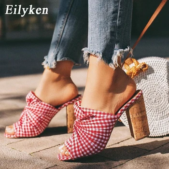 Eilyken cu Toc Femei Papuci Sandale toc Pătrat Papion Carouri Femeie Papuci Clasic Elegant Pantofi Încălțăminte Mărimea 35-40