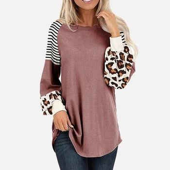 Primăvara Mânecă Lungă Lanternă pentru Femei T-shirt, O-Neck Leopard, cu dungi de Imprimare de sex Feminin Topuri 2021 Liber Casual Mozaic Doamnelor T-shirt