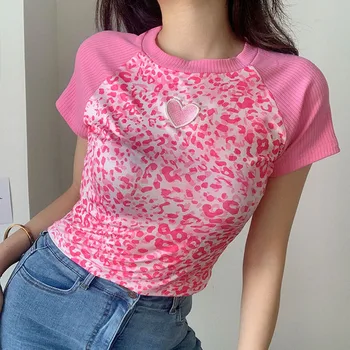 Mozaic Roz Trunchiate Topuri coreean Tricou de Moda Sudoare Drăguț cu Maneci Scurte T-shirt Doamnelor Moda Casual de Bază Teuri Streetwear