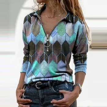 Noi de Toamna pentru Femei Tricou de Moda Printed V-Neck T-Shirt Top Casual cu Maneci Lungi cu Fermoar Subțire Elegant Strada Poarte Femeile Topuri 2020