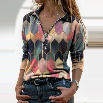 Noi de Toamna pentru Femei Tricou de Moda Printed V-Neck T-Shirt Top Casual cu Maneci Lungi cu Fermoar Subțire Elegant Strada Poarte Femeile Topuri 2020