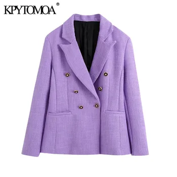 KPYTOMOA Femei 2020 Moda Dublu Rânduri Tweed Blazer Coat Vintage Maneca Lunga Buzunare Aerisire Spate Feminin de Îmbrăcăminte exterioară Topuri Chic