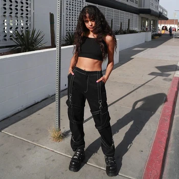 IAMHOTTY Negru Solid Buzunare Hip Hop Femei pantaloni cu Talie Înaltă Prietenul Largi Picior Joggeri Moda Streetwear Pantaloni Pantaloni de Marfă