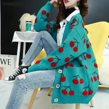 Fructe Printting Femei Tricotate Pulover Cardigan Singur Pieptul Cardigan Cu Maneci Lungi Stil Coreean Pulover Vrac Topuri