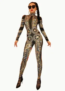 De moda de Aur Spandex Tipărite Întinde Pietre Salopeta Sexy Femei Body Costum Costum de Scenă Cântăreț Dansator de Performanță