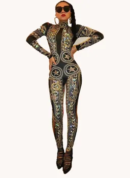 De moda de Aur Spandex Tipărite Întinde Pietre Salopeta Sexy Femei Body Costum Costum de Scenă Cântăreț Dansator de Performanță
