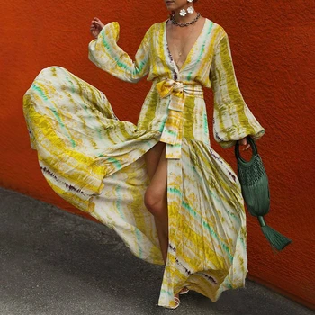 GALCAUR Mozaic cu Dungi de Culoare Lovit Rochie Femei în V Gâtului Felinar Sleeve Ruched Talie Mare Maxi Rochii de sex Feminin 2020 Haine de Moda