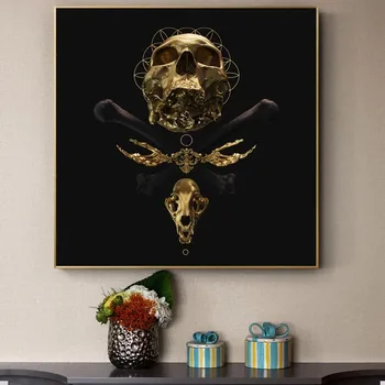 Craniu De Aur Cu Floare Neagra Panza Pictura Pe Perete Postere Si Printuri Abstracte Totem Arta Imaginii Pentru Camera De Zi De Decorare Acasă