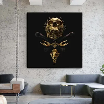 Craniu De Aur Cu Floare Neagra Panza Pictura Pe Perete Postere Si Printuri Abstracte Totem Arta Imaginii Pentru Camera De Zi De Decorare Acasă