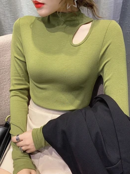 Jumătate-Guler înalt Moda Roua Os Maneca Lunga Verde Tricou Femei 2019 Toamna Noua Versiunea coreeană De Topuri de Bumbac Culoare Solidă Slim