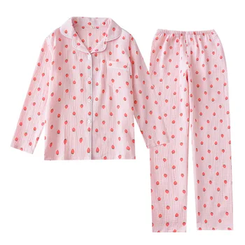 Noi de Căpșuni cu mâneci Lungi, Pantaloni de Pijama Bumbac, Crep Pânză Pijama Mujer de Imprimare Sleepwear Plus Dimensiune Haine de Femeie