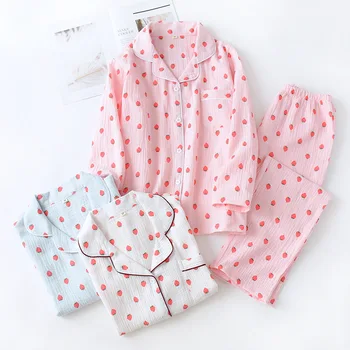 Noi de Căpșuni cu mâneci Lungi, Pantaloni de Pijama Bumbac, Crep Pânză Pijama Mujer de Imprimare Sleepwear Plus Dimensiune Haine de Femeie