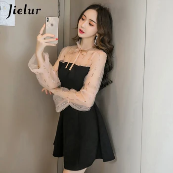 Jielur 2020 Toamnă Iarnă Stil De Moda Rochie Pentru Femei-Coreean Plasă De Îmbinat Negru Vestidos De Fiesta Slim Nou Sukienka Letnia