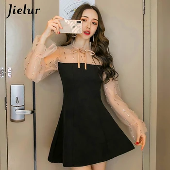 Jielur 2020 Toamnă Iarnă Stil De Moda Rochie Pentru Femei-Coreean Plasă De Îmbinat Negru Vestidos De Fiesta Slim Nou Sukienka Letnia