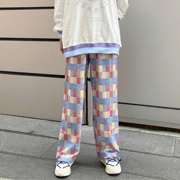 Pantaloni Casual Culori Bomboane Carouri Liber Largi Picior Talie Mare Stil coreean Feminino Pantaloni Elegant All-meci Dulce Streetwear Chic