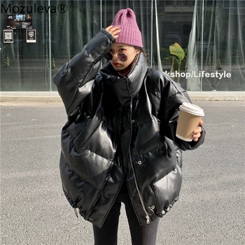 Mozuleva Piele PU Hanorac Femei Gros Cald Faux din Piele Puffer Coat 2020 Stil Harajuku Supradimensionate Geaca de Iarna Femei