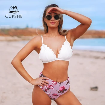 CUPSHE Alb și Roz Florale Dantelate Înaltă talie Bikini Seturi Sexy costume de Baie Doua Piese Costume de baie Femei 2021 Plaja Costume de Baie