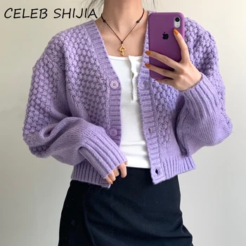SHIJIA 2020 Toamna V-neck Cardigan Tricotate Femei Pulover cu maneca Lunga-Violet Casual scurt tricotat deschide ochi topuri femeie