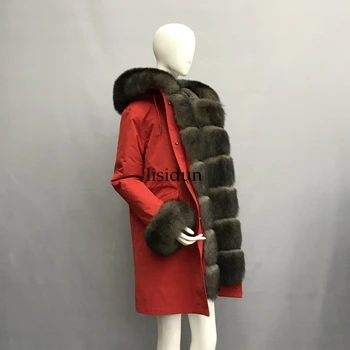 2019 Real haină de blană de vulpe parka jacheta de iarna palton femei hanorac mare real raton guler de blana naturala de vulpe blană de linie lungă perioadă de îmbrăcăminte exterioară