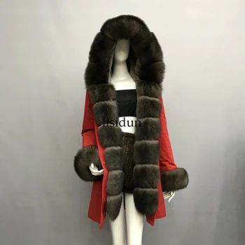 2019 Real haină de blană de vulpe parka jacheta de iarna palton femei hanorac mare real raton guler de blana naturala de vulpe blană de linie lungă perioadă de îmbrăcăminte exterioară