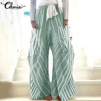 Femei Vintage Cu Dungi Pantaloni Largi Picior 2021 Celmia Lady Mult Palazzo Toamna De Mare Elastic Talie Asimetric Pantaloni Casual Pantaloni