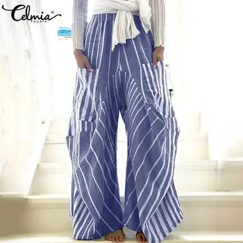Femei Vintage Cu Dungi Pantaloni Largi Picior 2021 Celmia Lady Mult Palazzo Toamna De Mare Elastic Talie Asimetric Pantaloni Casual Pantaloni