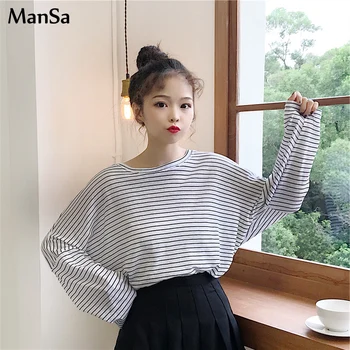 Harajuku Femei cu Dungi Tricou de Moda anilor ' 90 complet Maneca Pierde T-shirt Femei Casual negru Topuri drăguț Haine Streetwear tricou