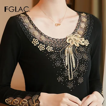 FGLAC femeie T-shirt Nou 2019 Toamna cu maneci Lungi Plasă de topuri brodate cu Diamante Bună elasticitate Femei, Plus dimensiune topuri și T-SHIRT
