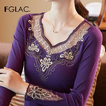 FGLAC femeie T-shirt Nou 2019 Toamna cu maneci Lungi Plasă de topuri brodate cu Diamante Bună elasticitate Femei, Plus dimensiune topuri și T-SHIRT
