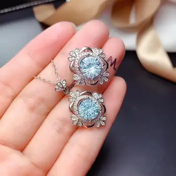 Grațios ocean blue Topaz inel și colier pentru femei reale argint 925 bijuterie naturala focuri de artificii de culoare nou designment cadou de ziua de nastere
